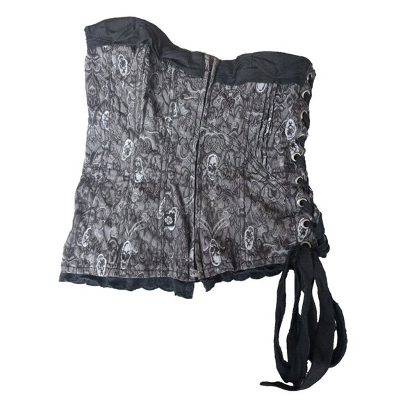 Tripp NYC Corset Top Small Black Gray Sugar Skull Lace-Up Goth Emo Y2K - Picture 10 of 11